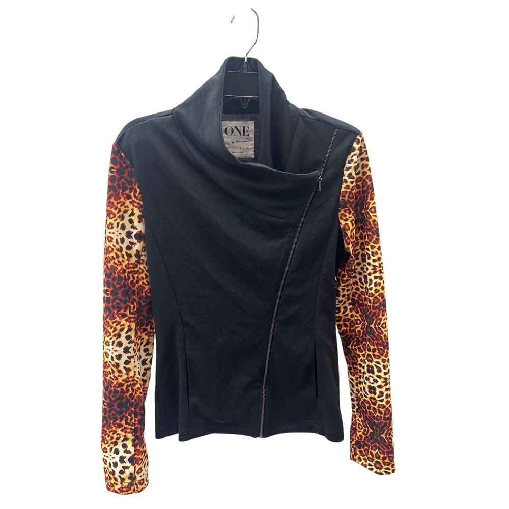 One Teaspoon S Black Leopard Animal Print Long Sleeve Cowl Asymmetric Zip Jacket